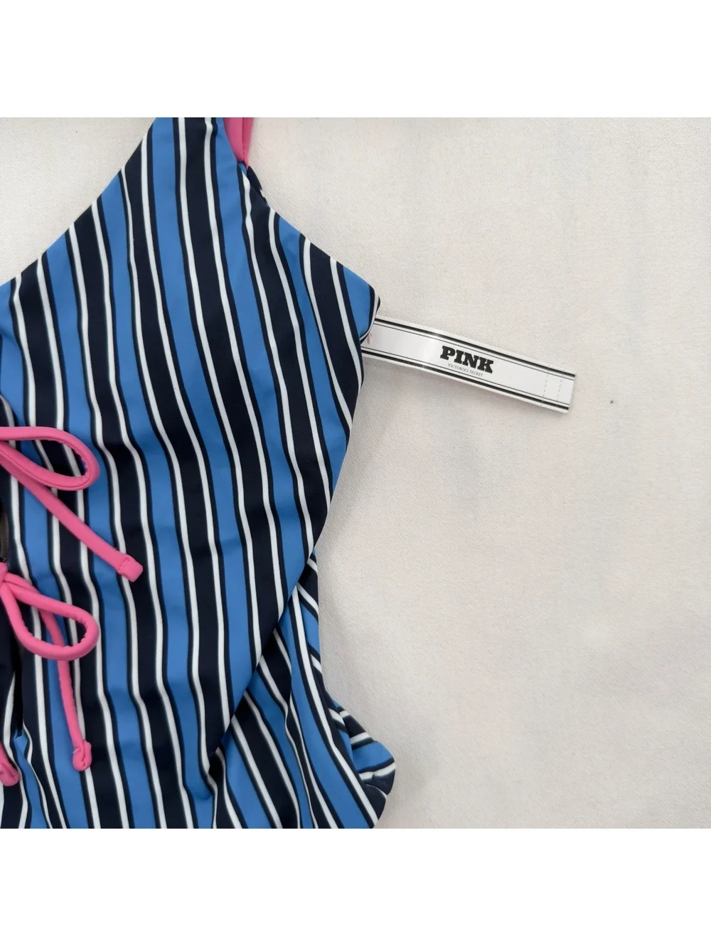 NWT Victoria's Secret PINK Striped One Piece Swimsuit Lace Up Blue Pink XS